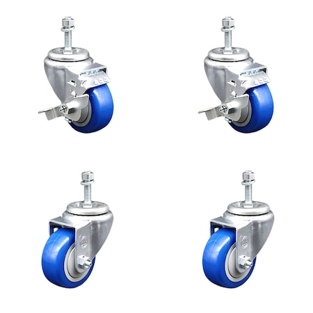 Service Caster 3.5 Inch SS Blue Polyurethane Swivel 10mm Threaded Stem Caster Brakes, 2PK SSTS20S3514-PPUB-BLUE-TLB-M1015-2-S2